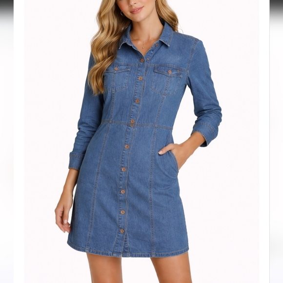 Frye Dresses & Skirts - Frye Denim Shirt Dress Medium Button Front Long Sleeve Jean Dress